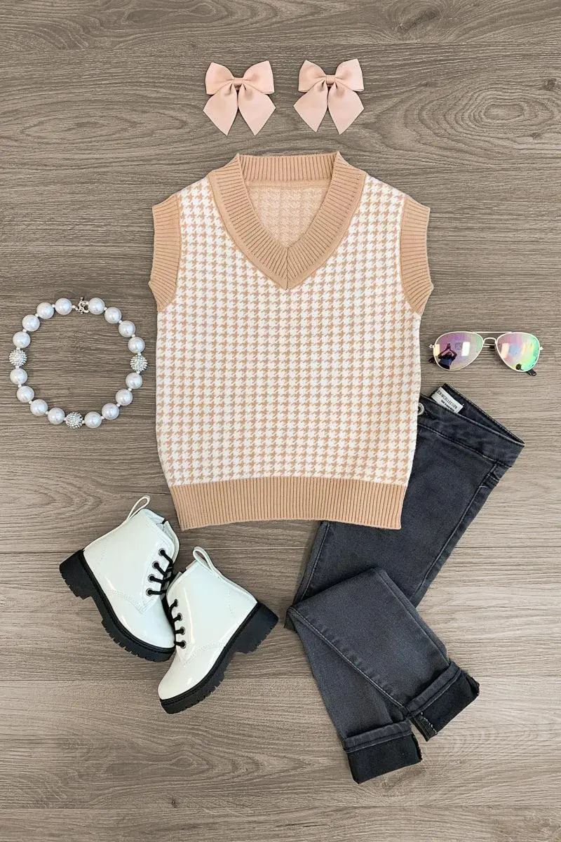 Tan Houndstooth Sweater Vest