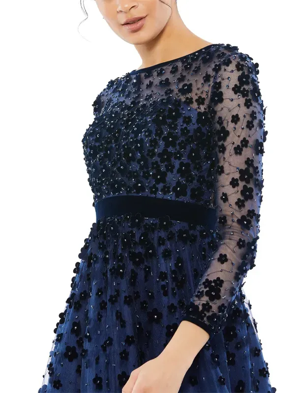 Embellished Sheer Long Sleeve A-Line Midi Dress