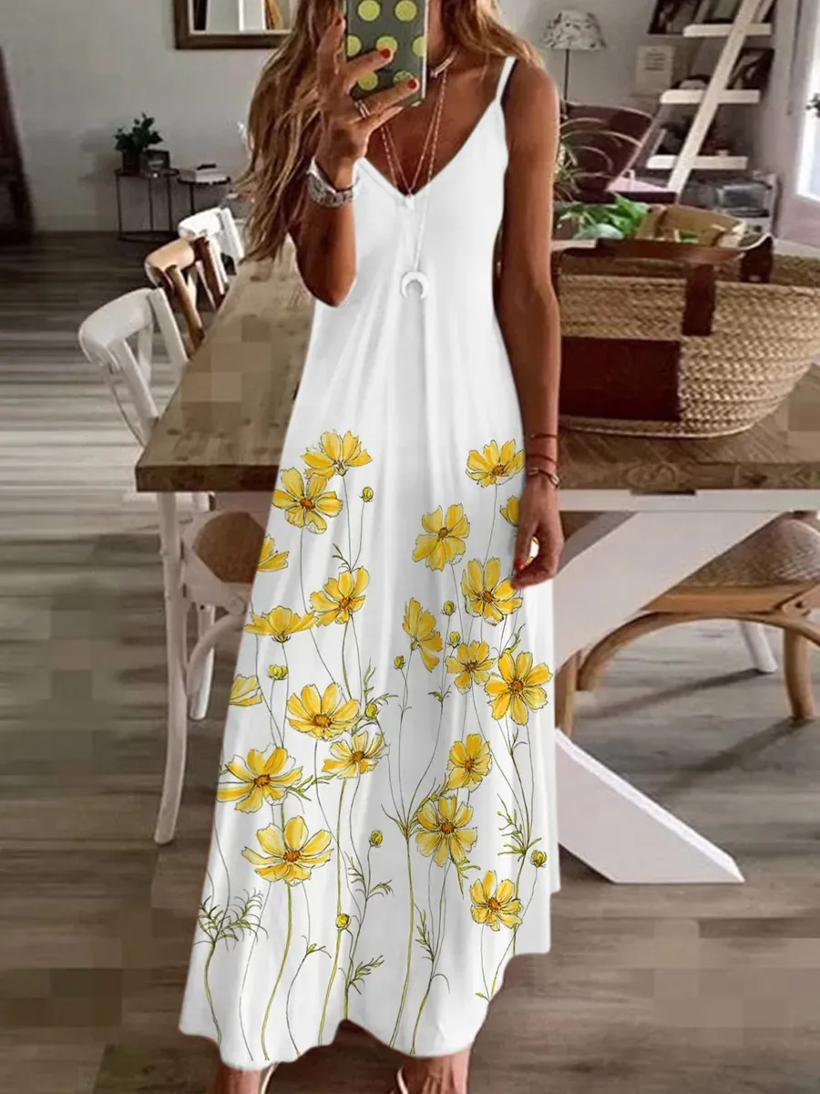 Casual Flower Print Suspender Dress