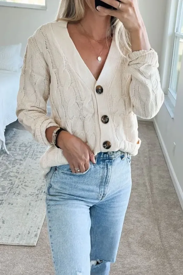 Knitted Solid Color Button Down Chunky Outwear Cardigan