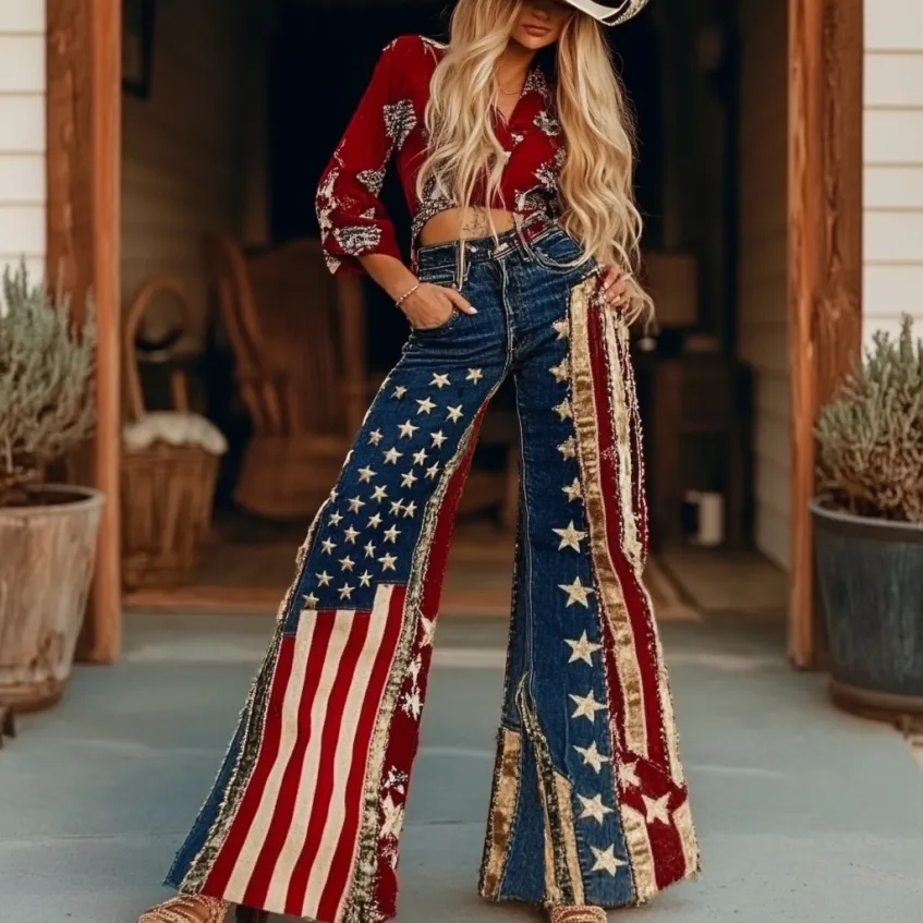 Vintage Independence Day Shining America Flag Patchwork Art Design Jeans