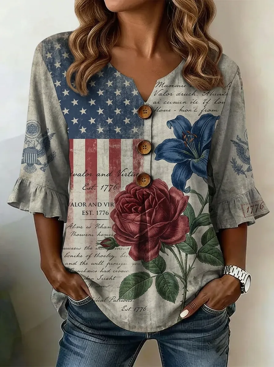Women's Nashville Patriotic Rose US Flag Printed V-neck Top
