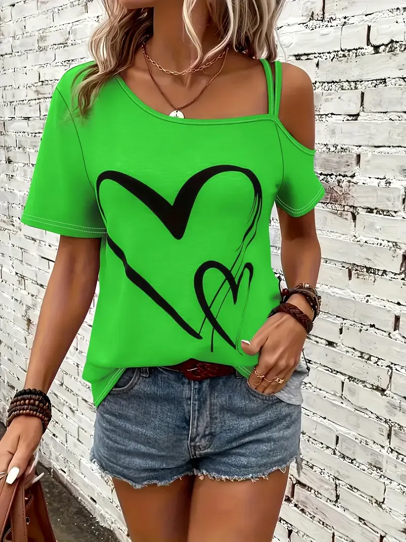 Heart Print Slant Shoulder T-shirt, Casual Short Sleeve Top For Spring & Summer, Women's Clothing