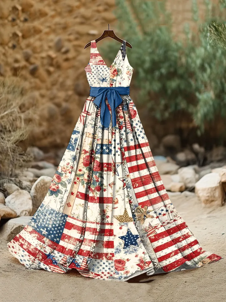 Women's Vintage Independence Day Flag Patchwork Sleeveless Midi Dress