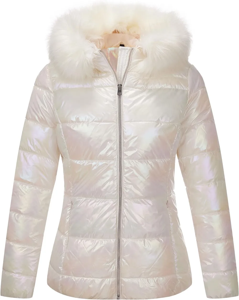 Womens Lightweight Puffer Jacket, Winter Coats for Women Warm Quilted Bubble Padded Hood Coat with Faux Fur Collar