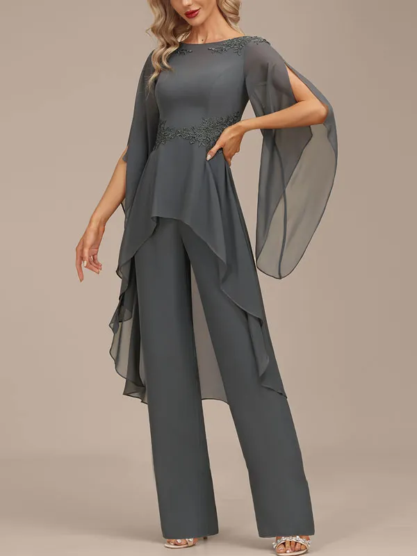 Jumpsuit/Pantsuit Separates Boat Neck Floor-Length Chiffon Evening Dress With Appliques Lace
