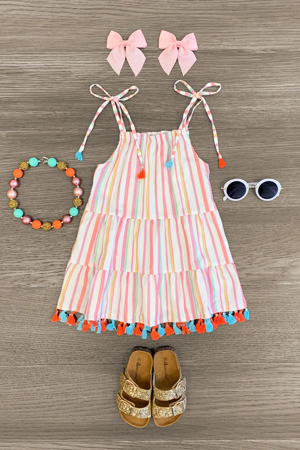 Tie Shoulder Striped Tassel Dress