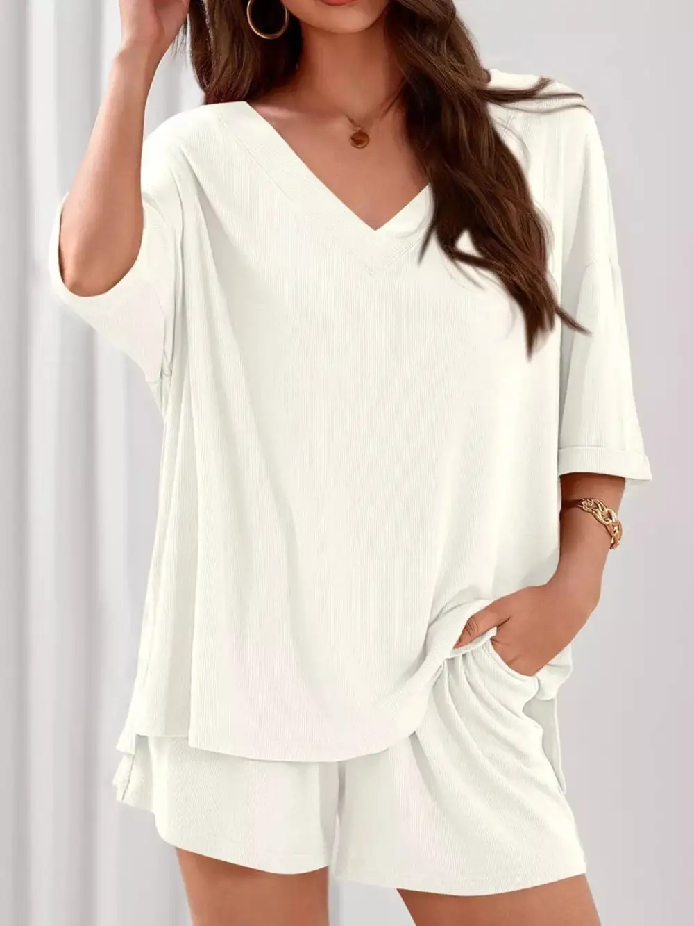 Casual V Neck Top Shorts Set