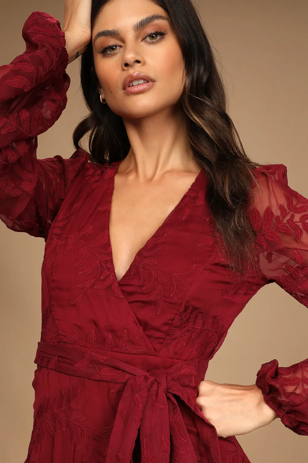 Spectacular Feeling Burgundy Embroidered Faux Wrap Midi Dress
