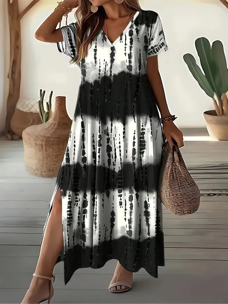 Plus Size Tie Dye Split Dress - Casual Short Sleeve V Neck Dress For Spring & Summer - Women's Plus Size Clothing - For Women Seeking Trendy & Comfortable Summer Outfits - Perfect Gift for Birthday & Vacation