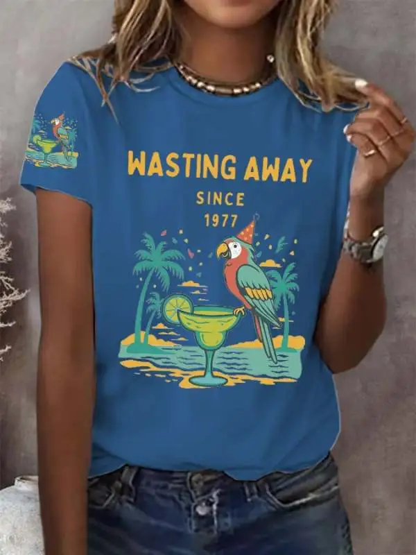 Retro Parrot Margarita Wasting Away Since 1977 Print T-Shirt