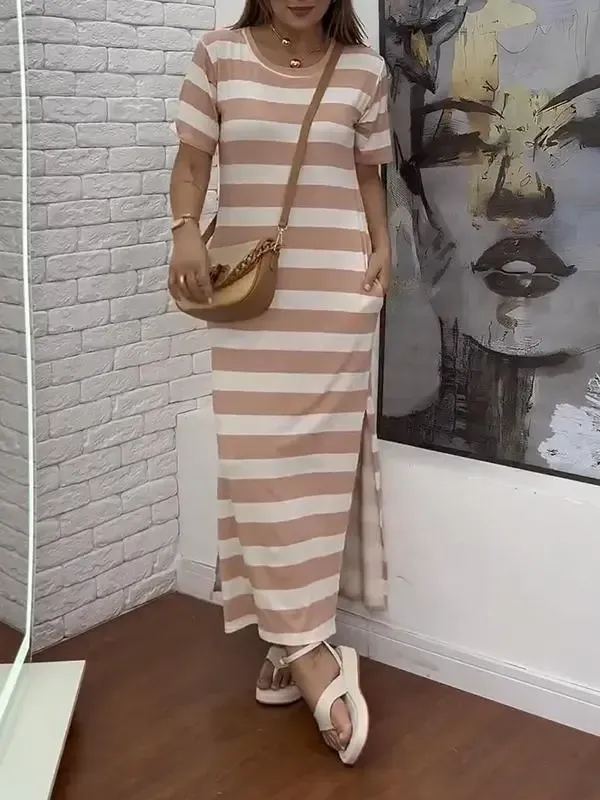 Women's Casual Round-neck Striped Short-sleeved Dress