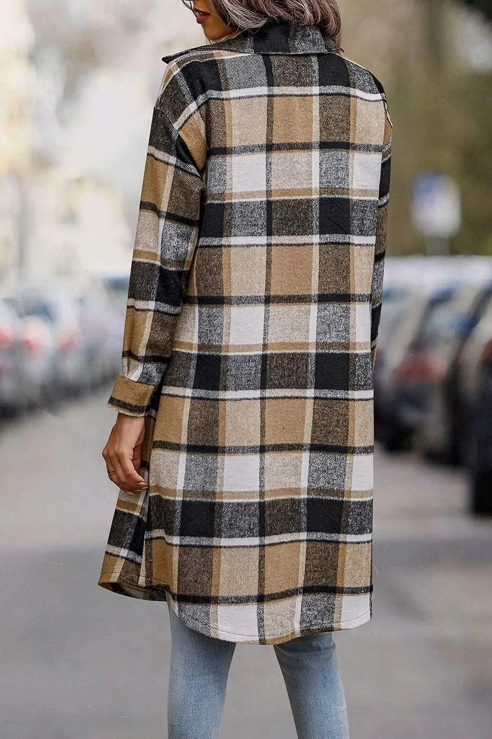 Women's Plaid Shacket 2023 Long Sleeve Button Up Flannel Shirt Winter Tartan Jacket Woolen Coats