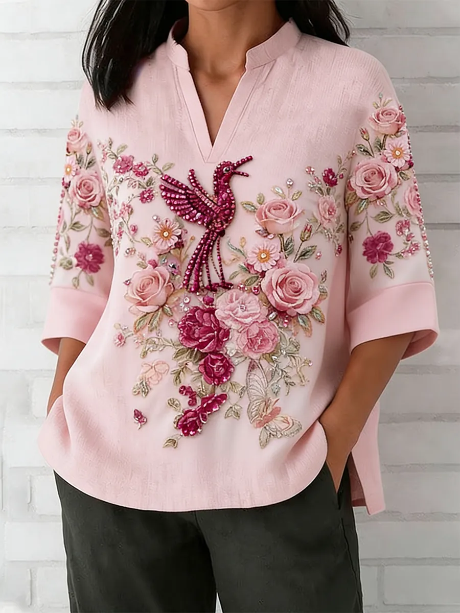 Women's Retro Pink Flower Flying Bird Embroidery Art Linen Blended V-Neck Top