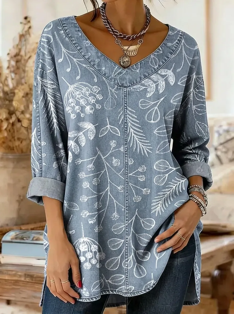 Women's Nashville Botanical Floral Printed V-neck Top