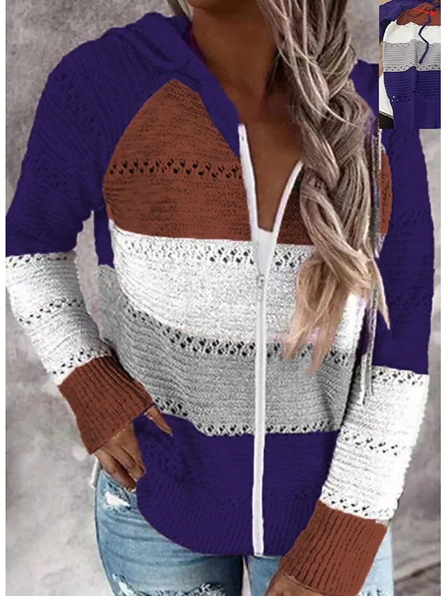 Suéter feminino com capuz e malha canelada com zíper e patchwork Primavera e outono Exterior Diariamente Exterior Moda Casual Macia Manga Longa