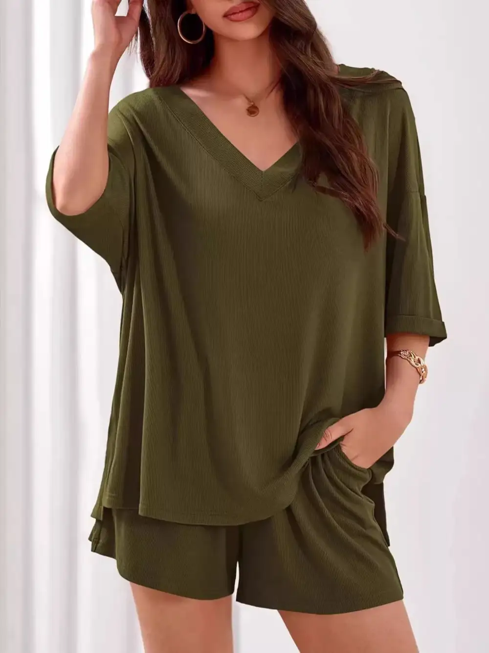 Casual V Neck Top Shorts Set