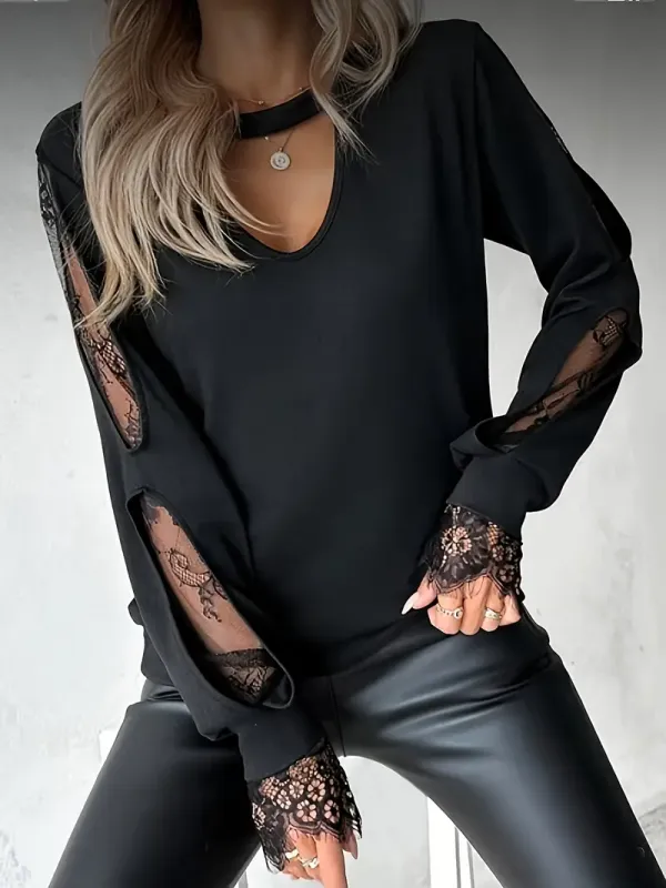 Women'S Keyhole Cutout Lace Long Sleeve Top, Casual Notched Collar Knit Polyester and Spandex Blend, Solid Color Contrast Detail for Spring/Summer/Fall