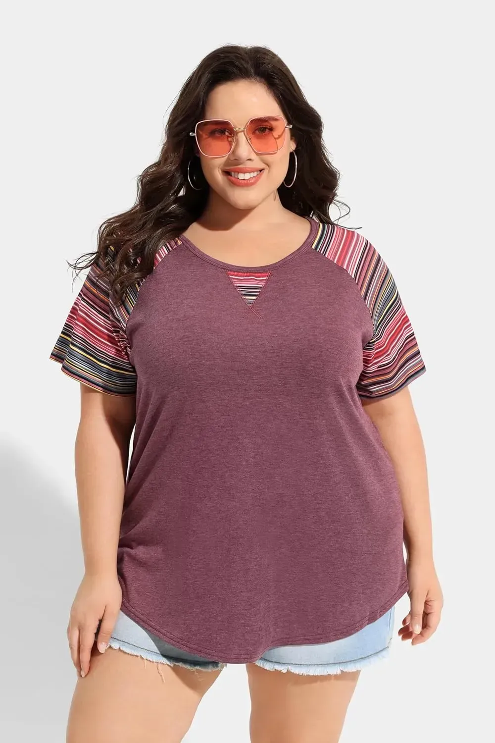 TIYOMI Plus Size T Shirt for Women Short Sleeve Tunic Cross Line Shirts Round Neck Tops Summer Blouse XL-5XL 14-28