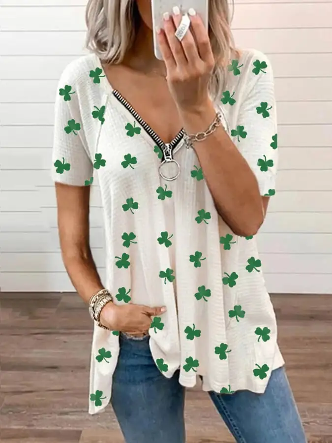 Women's St. Patrick's Day Lucky Shamrock Print Zipper V-Neck Top