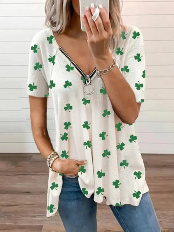 Women's St. Patrick's Day Lucky Shamrock Print Zipper V-Neck Top