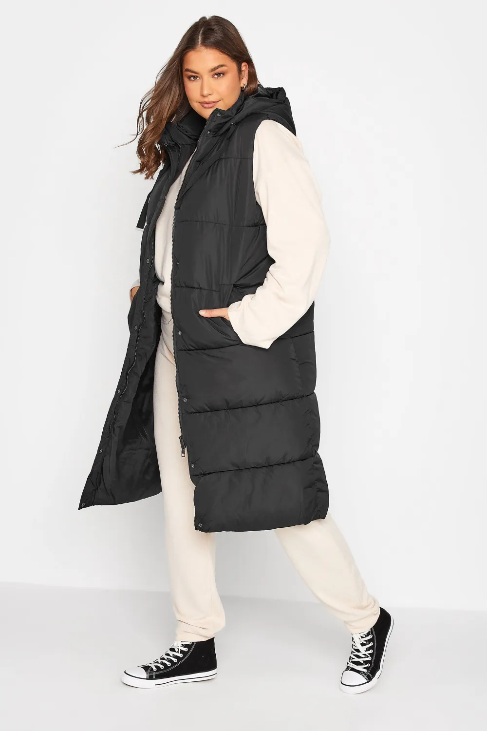LTS Tall Black Longline Hooded Puffer Gilet