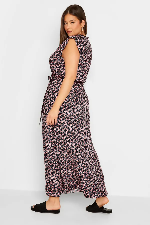 LTS Tall Black Ditsy Floral Frill Maxi Dress