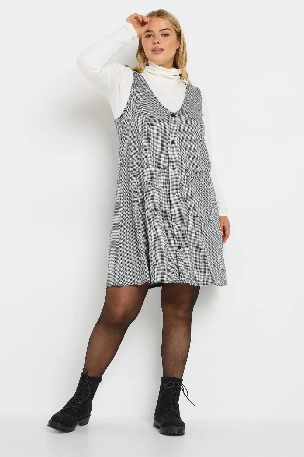 YOURS Curve Grey Check Print Button Through Pinafore Dress