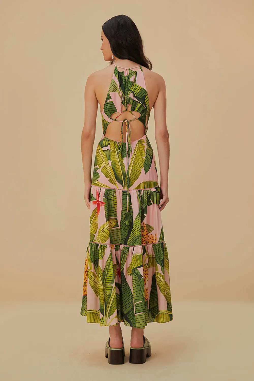 Pink Banana Leaves Sleeveless Maxi Dress