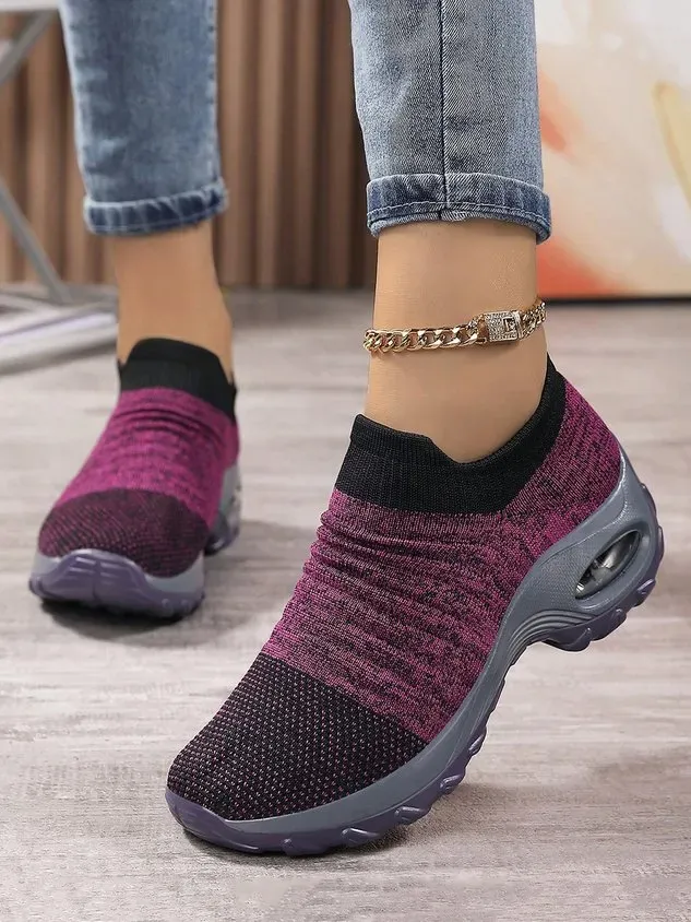 Sports Color Block Breathable Slip On Block Heel Fly Woven Shoes
