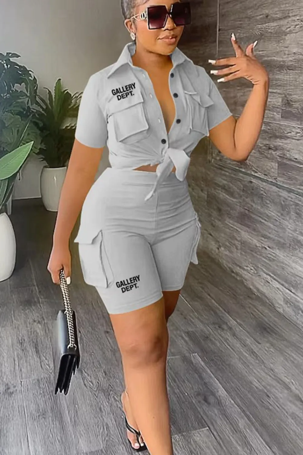 Letter Print Solid Color Blouse With Trendy Cargo Shorts Set