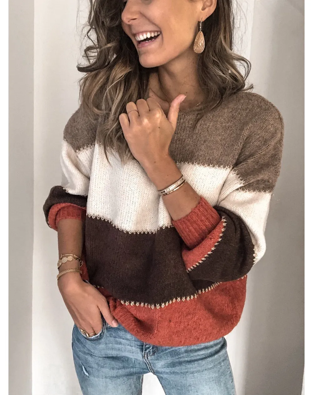 Striped Color Block Long Sleeve Round Neck  Sweater