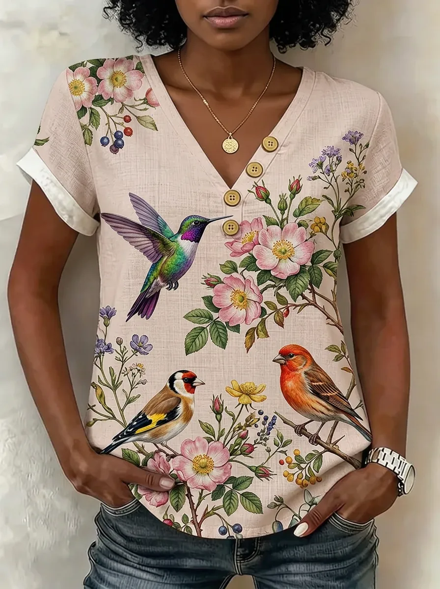 Women's Nashville Nature Lover Hummingbird Floral Printed V-neck Top