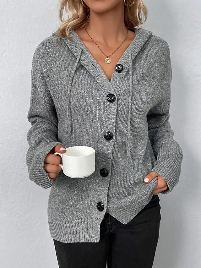 Women's Cardigan Sweater Hooded Crochet Knit Polyester Button Knitted Hooded Fall Winter Tunic Daily Holiday Date Stylish Casual Soft Long Sleeve Solid Color Black White Gray S M L