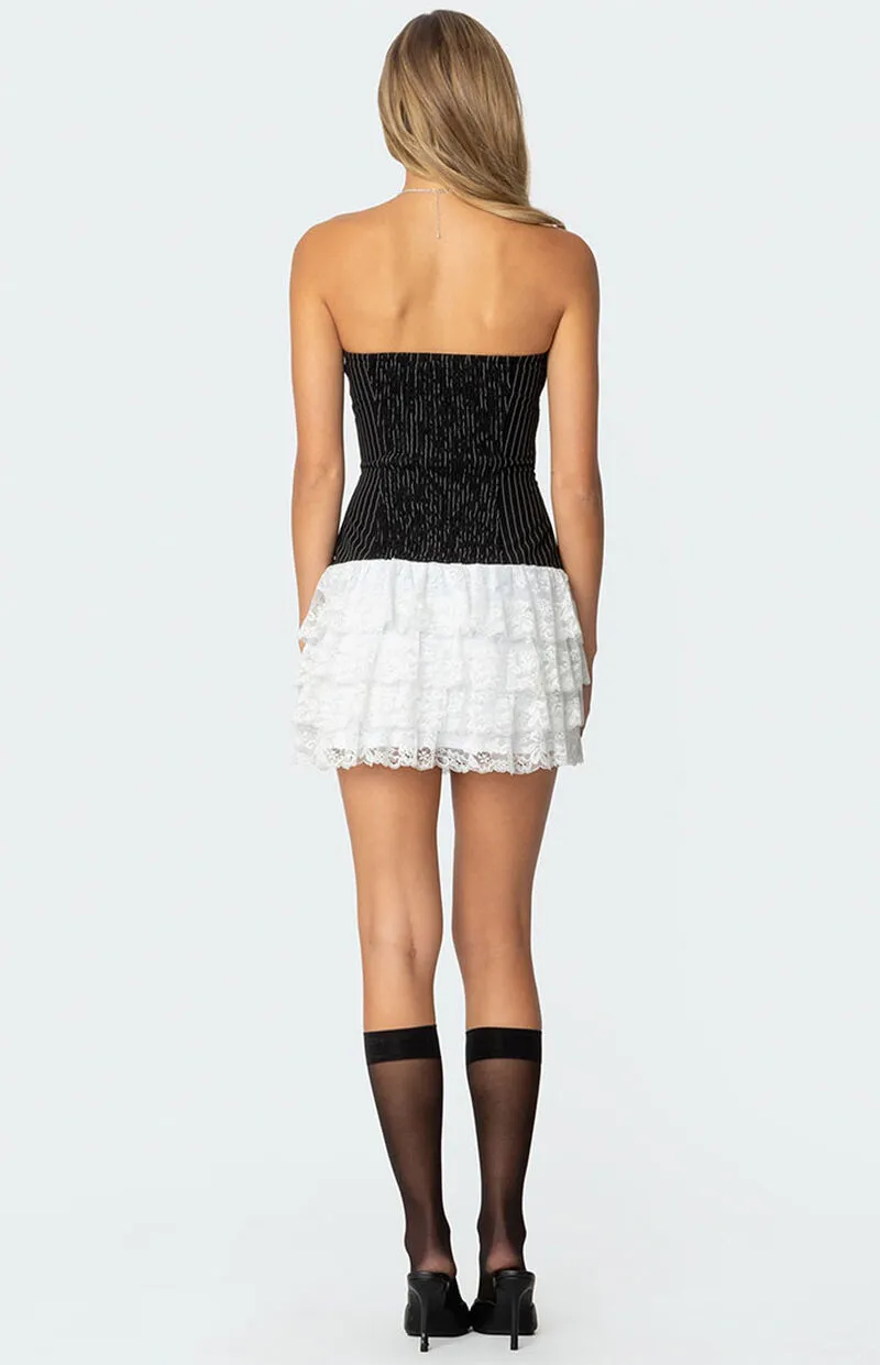 Edikted Strapless Pinstripe Ruffle Skirt Mini Dress