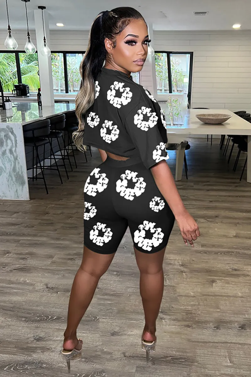 Graphic Print Short Sleeve Crop Top Slim Fit Shorts Matching Set-Black