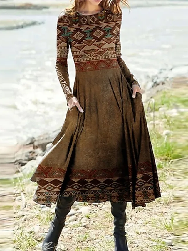 Women‘s Casual Dress Swing Dress Midi Dress Blue Yellow Rainbow Long Sleeve Color Gradient Pocket Print Winter Fall Crew Neck Vacation Casual Fall Dress 2023 S M L XL XXL 3XL