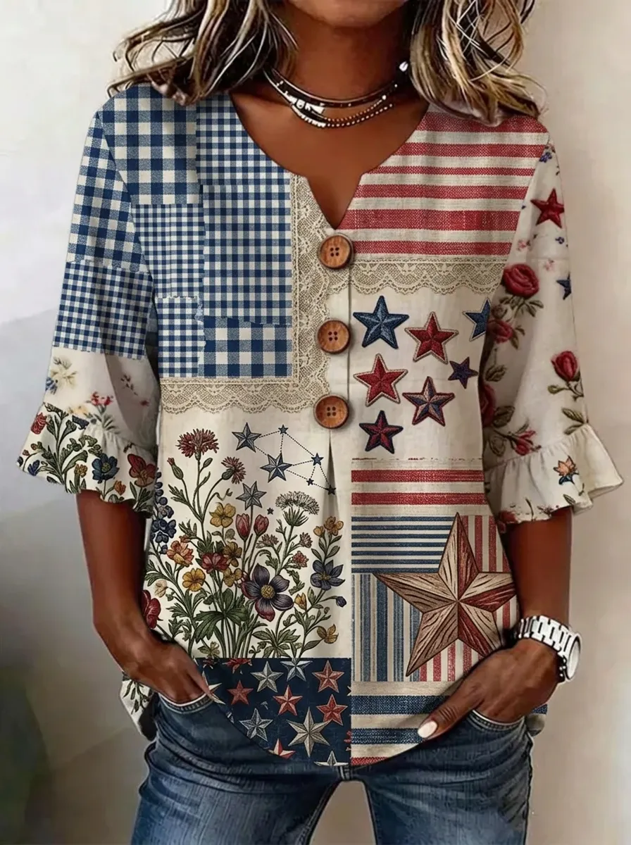 Women's Nashville Patriotic Floral Star Patchwork Printed V-neck Top
