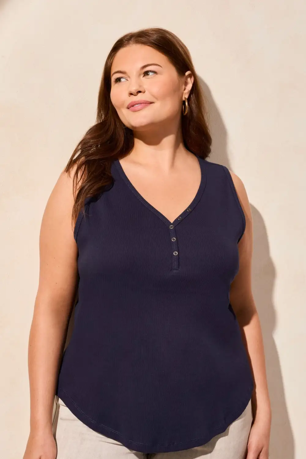 Solid Cotton Henley Tank Top-Nautical