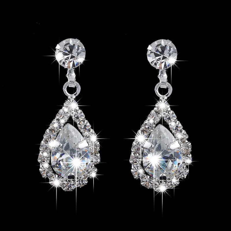 Brilliant Full Diamond Zircon Drop Necklace and Earrings Set