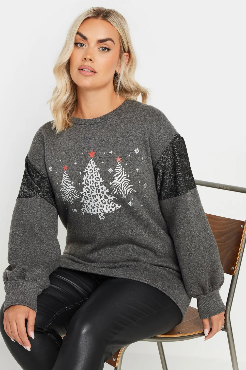 YOURS Curve Navy Blue Metallic Christmas Tree Sweatshirt