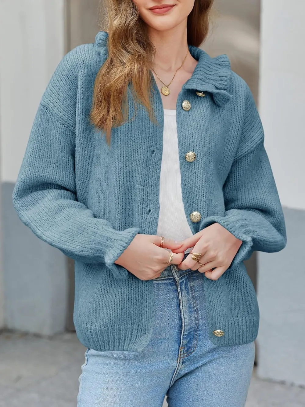 🎄Hot Sale Ruffle Cardigan Oversized Button Up Ribbed Knit Open Front Long Sleeve Loose Sweater