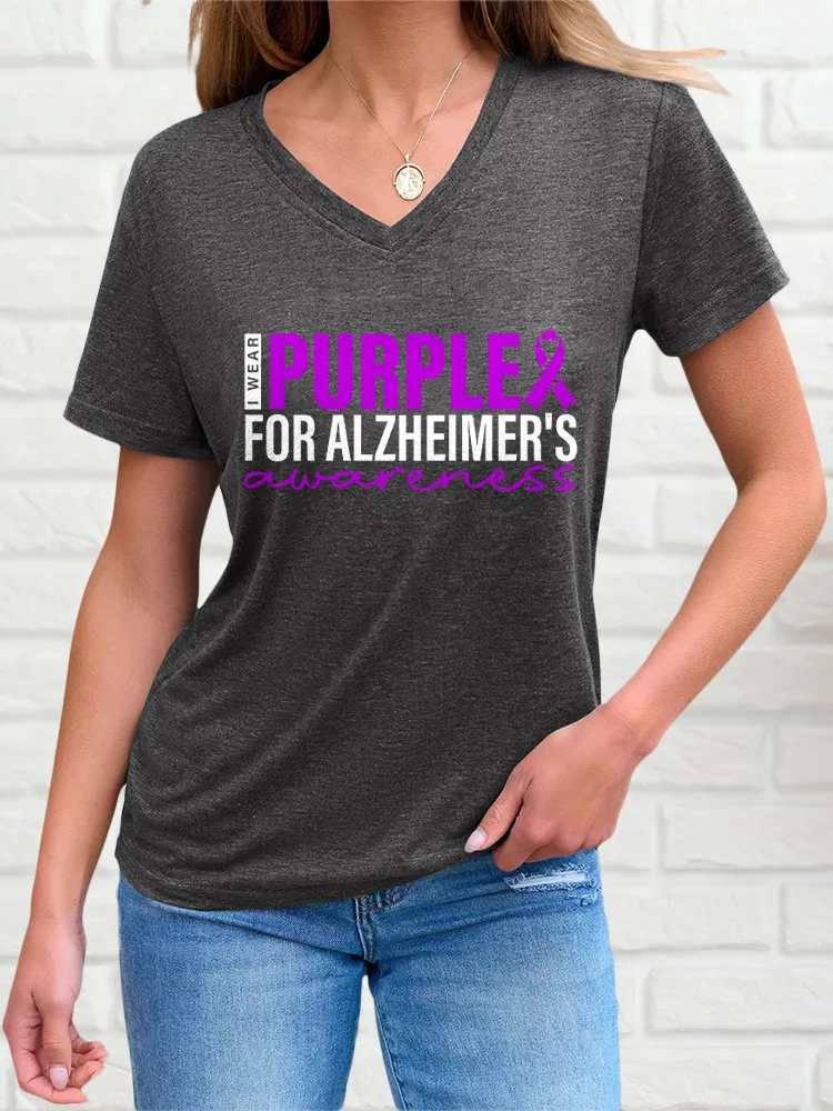 Women'S V-Neck Short-Sleeved T-Shirt I Wear Purple For Alzheimer'S Awareness Prints