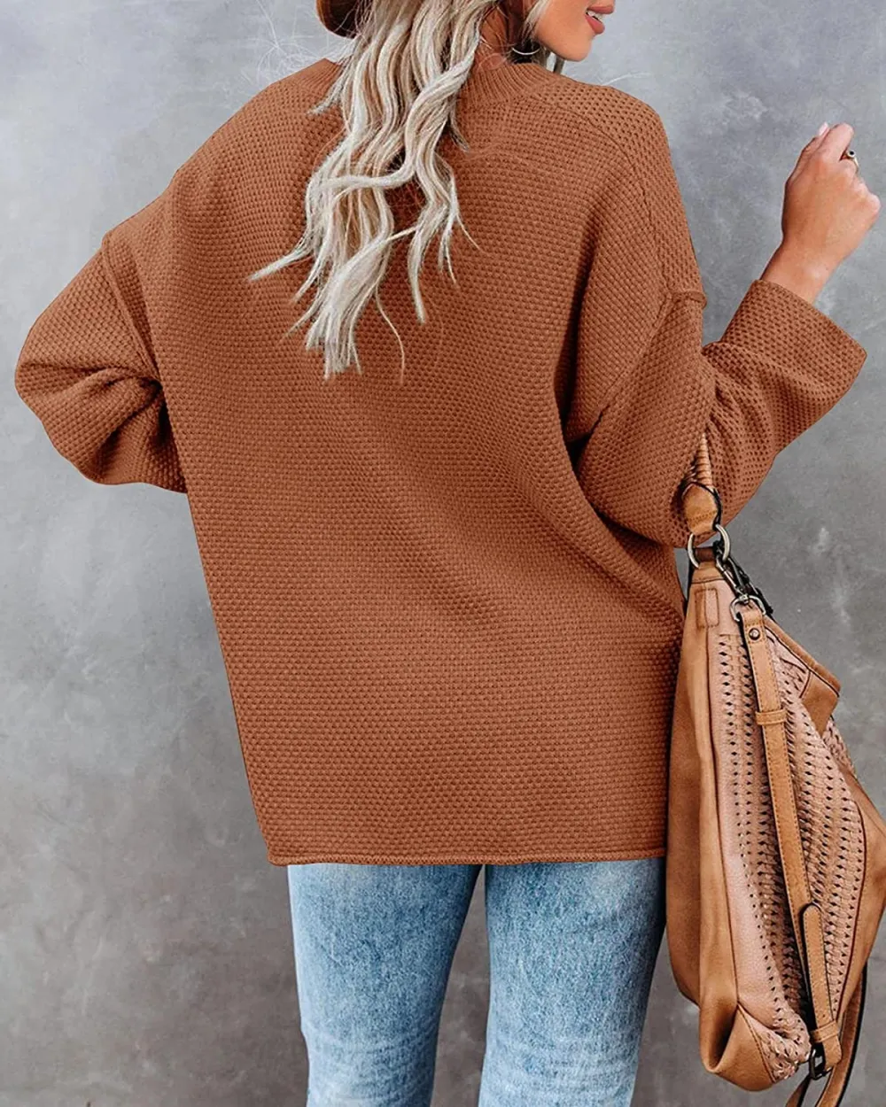 Women's Oversized Sweaters Batwing Long Sleeve Loose V Neck Button Henley Tops Pullover Knit Jumper
