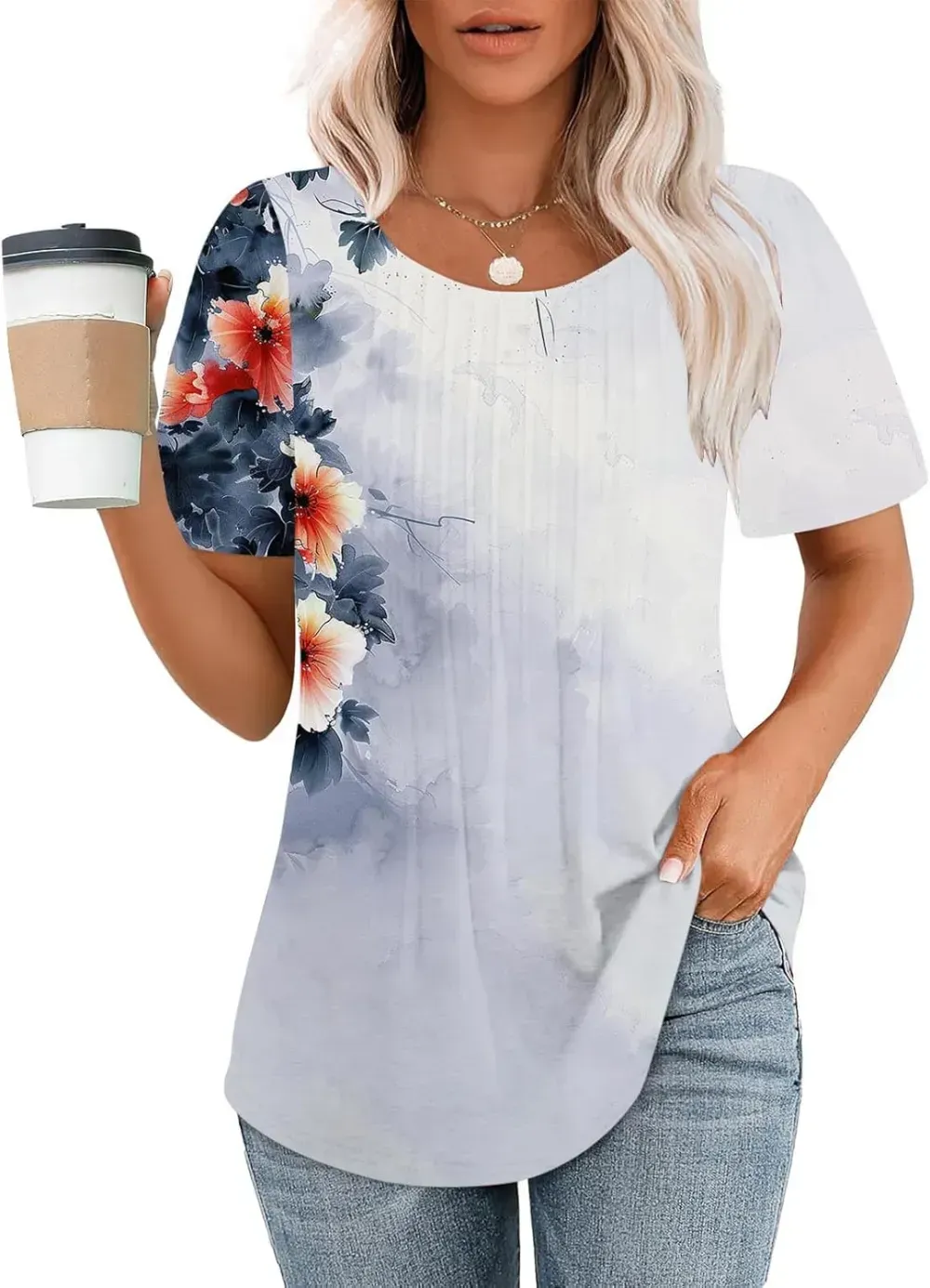 Womens Summer Pleated Front Shirts Tunics Casual Short Sleeved Loose Round Neck Boho Printed Tops Vacation Blouse