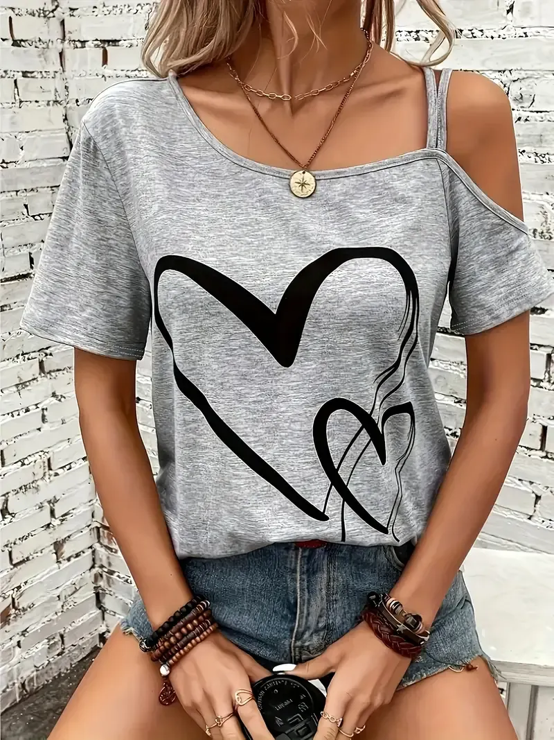 Heart Print Slant Shoulder T-shirt, Casual Short Sleeve Top For Spring & Summer, Women's Clothing