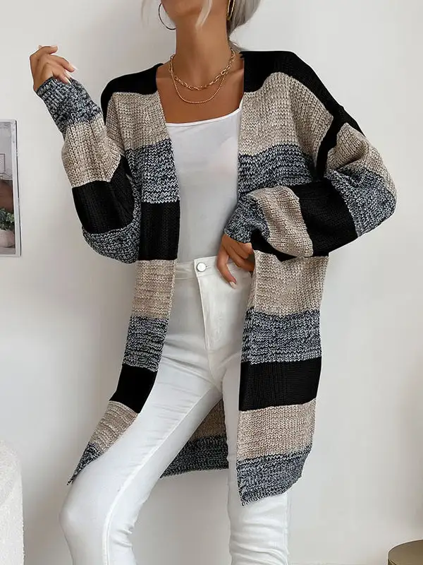 Casual Knit Cardigan Striped Colorblock Sweater Jacket