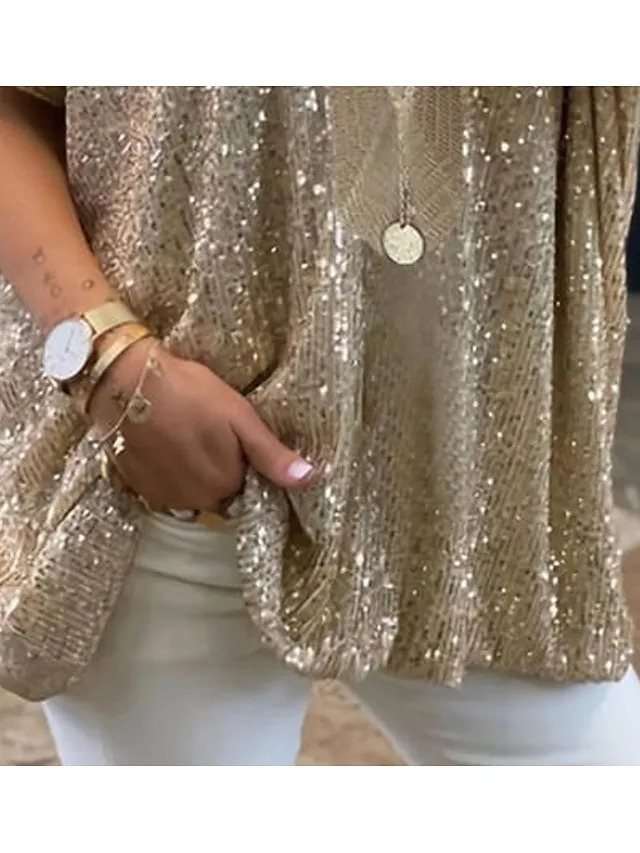 Women's Plus Size Shirt Blouse Silver Gold Plain Sparkly Sequins Half Sleeve Party Date Vacation Vintage Fashion Streetwear V Neck Regular Fit Summer Spring