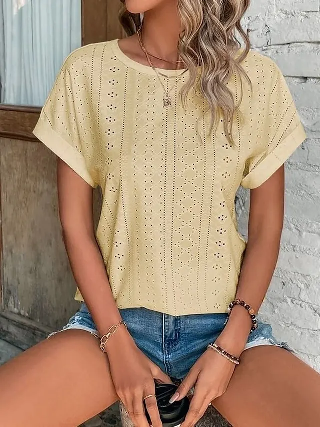 Women's T shirt Tee White Eyelet Tops Light Blue Black White Plain Cut Out Short Sleeve Daily Weekend Basic Round Neck Regular Cotton S