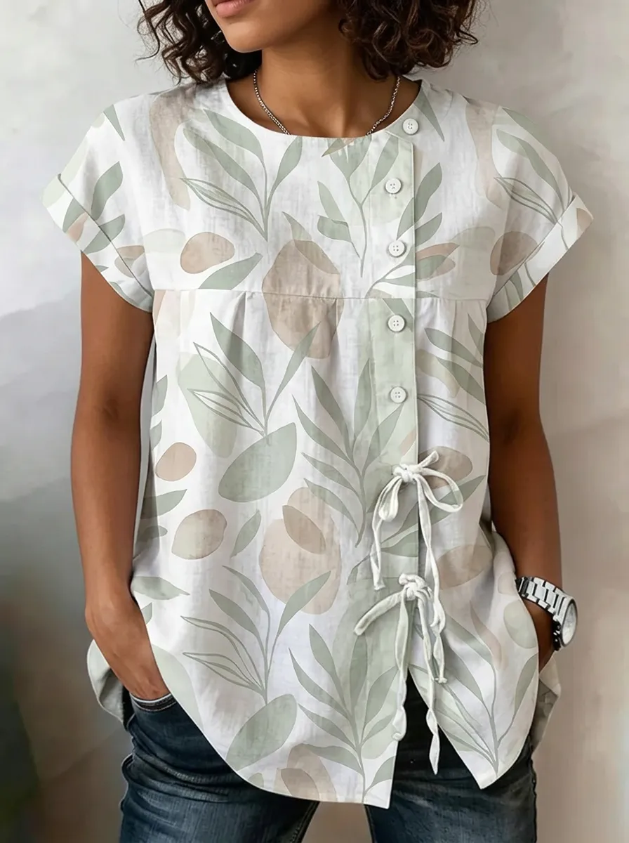 Women's Nashville Botanical Abstract Leaf Printed Button-Up Top